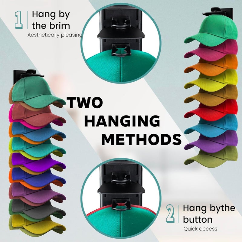 PCEEL 2Pack Hat Organizer for Baseball Cap with Locking Tech, Hat Rack Strong Adhesive Hat Hooks for Wall Hold Up to 20 Hats, Multi-layer Hat Storage Display for Door, Bedroom, Closet - Black - Image 5